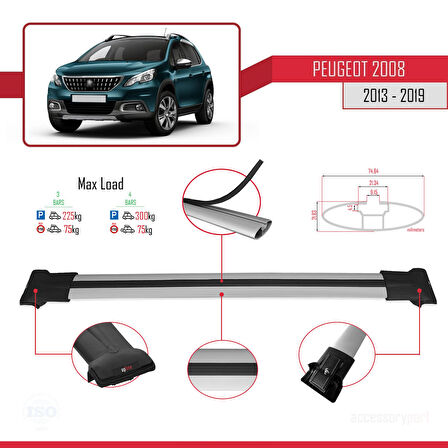 Peugeot 2008 (A94) 2013-2019 Arası ile Uyumlu FLY Model Ara Atkı Tavan Barı Gri 3 Adet