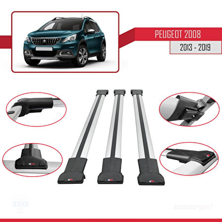 Peugeot 2008 (A94) 2013-2019 Arası ile Uyumlu FLY Model Ara Atkı Tavan Barı Gri 3 Adet