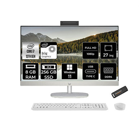 HP 27-CR0004NT i7 1355U 8GB 256GB SSD Intel Graphics 27" FHD IPS W11P All In One PC Beyaz & PER4