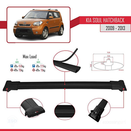 Kia Soul (AM) HB 2009-2013 Arası ile Uyumlu FLY Model Ara Atkı Tavan Barı Siyah 2 Adet