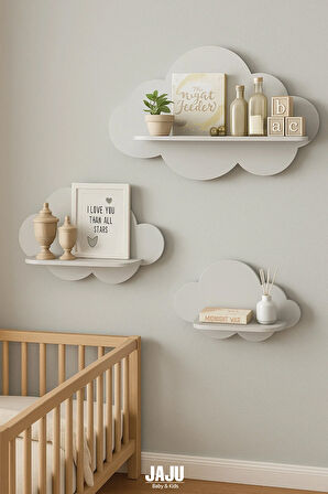 3'lü Gri Bulut Raf Set Çocuk Ve Bebek Odası Aksesuar Raf
