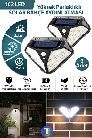 Technojet 2Adet 102 Ledli Güneş Enerjili 3 Modlu Solar Bahçe Aydınlatması Hareket Sensörlü Lamba