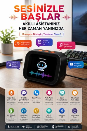Yapay Zeka Sesli Asistan Akıllı Bluetooth Hoparlör AI Sohbet 21 Dil Çeviri Dokunmatik Ekran Dijital Masa Saati Bluetooth 5.4