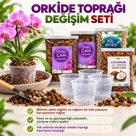 Orkide Toprağı Değişim Seti - Ithal Çam Kabuğu, Coco Cips, Kil Bilyesi ve Şeffaf Saksı Seti