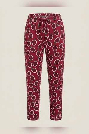 Büyük Beden Tek Alt Pijama Yumuşak Milan Kumaş İpli Bel Kırmızı Çilek Baskılı Loungewear Pantolon