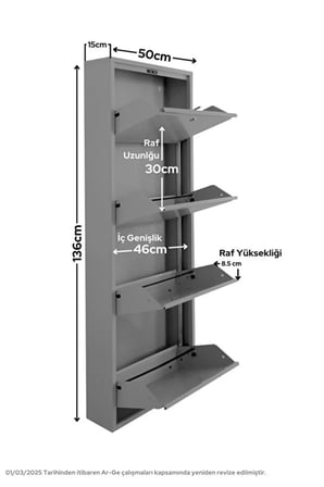 Kilitli Metal Ayakkabılık Dolabı 4 Kapaklı Duvara Monte Ergonomik Tasarım 136x50x15 cm 0.7 mm DKP Sac Ve Montaj Vidaları
