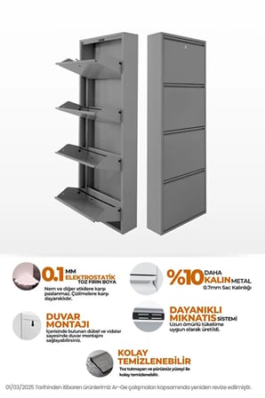Kilitli Metal Ayakkabılık Dolabı 4 Kapaklı Duvara Monte Ergonomik Tasarım 136x50x15 cm 0.7 mm DKP Sac Ve Montaj Vidaları