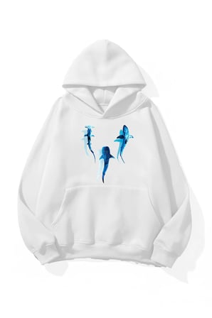 Unisex Yumuşak Dokulu Safir Balinalar Baskılı Tasarım Oversize 3 İplik Hoodie Sweatshirt