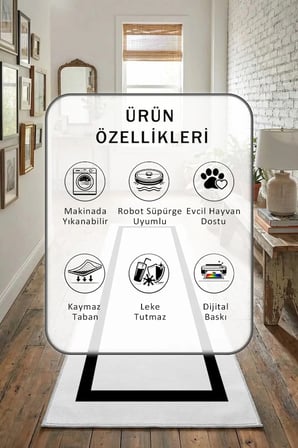 Tek Çerçeve Beyaz Siyah Dijital Baskılı Kaymaz Yıkanabilir Yolluk - Leke Tutmaz Beyaz Siyah
