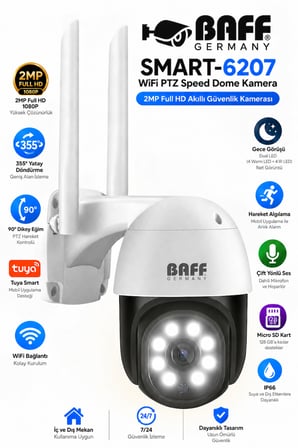 SMART-6207 WiFi PTZ Speed Dome Kamera Tuya Smart 2MP Full HD Akıllı Güvenlik Kamerası