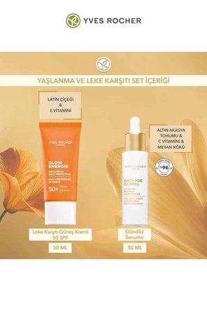 Yaşlanma Karşıtı Leke Bakım Seti C Vitamini Gündüz Serumu 30 ml SPF50+ Güneş Kremi 30 ml