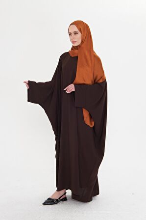 Kahve Yarasa Kol Oversize Medine İpeği Arkası Düğmeli Düz Elbise 4001_14