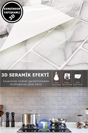 Technojet 3Boyut Seramik Efekt Kendinden Yapışkanlı Beyaz Mermer PVC Mutfak Tezgah Kaplama 30cm×30cm