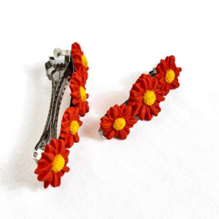 Uretti - Hülya 6683 El Yapımı Çiçek Desenli Polimer Kil 2’li Set Klipsli Saç Tokası / 8 cm - 6 cm