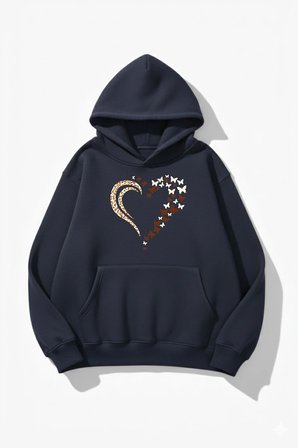 Unisex Yumuşak Dokulu Kelebek Leoparlı Kalp Baskılı Tasarım Oversize 3 İplik Hoodie Sweatshirt