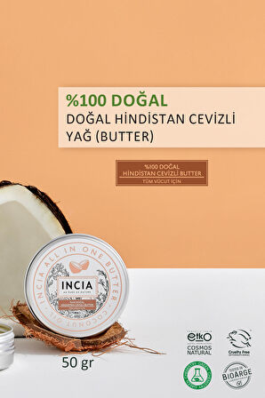 INCIA %100 Doğal Tüm Vücut İçin Butter Yoğun Nemlendirici Krem Hindistan Cevizli Organik Vegan 50 ml