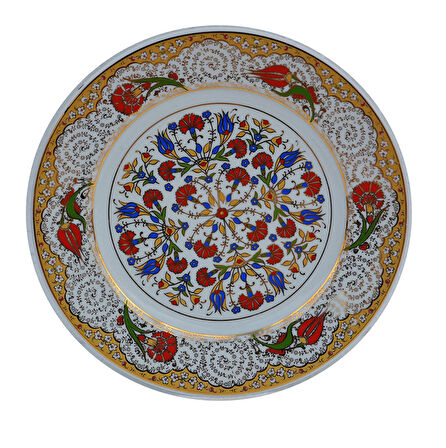 Armada Çini Prt 43 25 Cm Sarı Altın Yaldızlı Lale Karanfil Desenli Porselen Çini Tabak