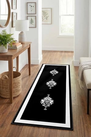 Black Punto Tek Çerçeve Siyah Beyaz Modern Dijital Baskı Yıkanabilir Kaymaz Yolluk Halı Bey