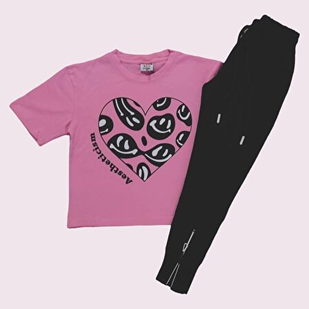 Paça Fermuarlı Kalp Desenli Pembe Renk Kız Takım