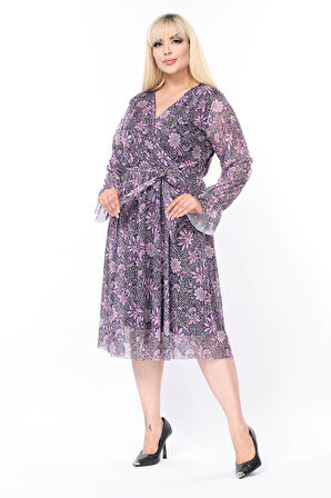 Kruvaze Yaka Büyük Beden Uzun Kol Elbise 43B-2587