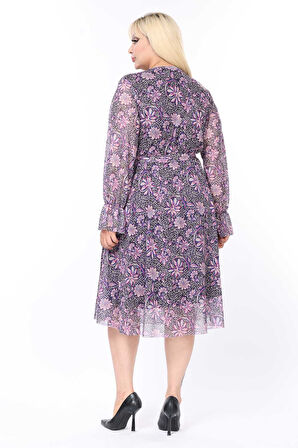 Kruvaze Yaka Büyük Beden Uzun Kol Elbise 43B-2587