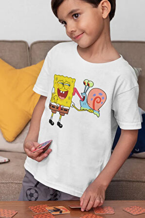 Süngerbob Ve Salyangoz Baskılı Unisex Çizgi Film Çocuk Tişört (1-12 YAŞ)