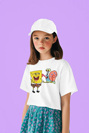 Süngerbob Ve Salyangoz Baskılı Unisex Çizgi Film Çocuk Tişört (1-12 YAŞ)