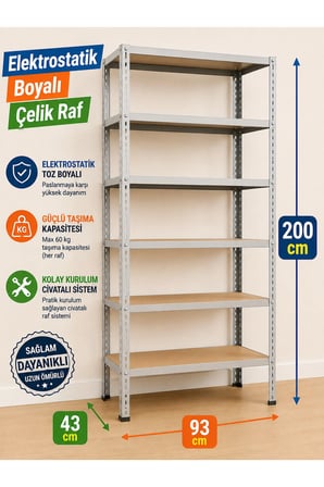 6 Katlı Çelik Elektrostatik Raf Sistemi, Dosya, Market, Ayakkabı, Çiçek, Depo, Arşiv, Kiler Rafı Boyut: 43x93x200 cm Kalınlık: 0,70 mm
