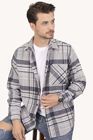 Gri Lacivert Çizgili Oversize Kalın Oduncu Gömlek