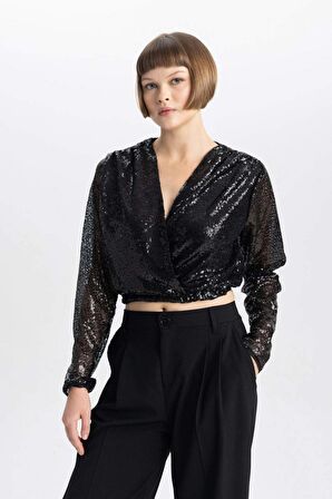 DeFacto Crop Wrap Yaka Payetli Uzun Kollu Bluz B6657AX23WNBK81