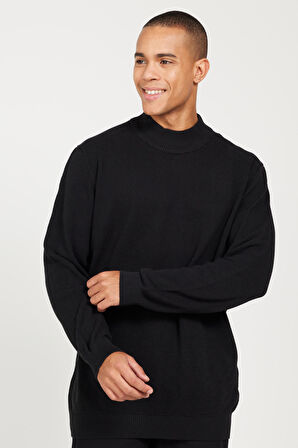 Erkek Siyah Recycle Standart Fit Normal Kesim Yarım Balıkçı Yaka Pamuklu Jakarlı Triko Kazak