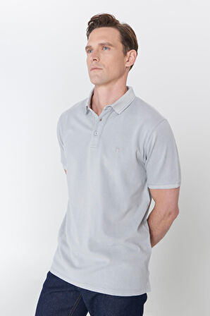Erkek Gri Slim Fit Dar Kesim Polo Yaka %100 Pamuk Kısa Kollu Desenli Tişört