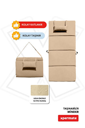 XPERMATE Katlanır Şezlong Minderi - Taşınabilir Kamp Yatağı Su Itici Kumaş 180x60x2 Bej