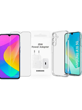 Samsung A16 Uyumlu 25w Şarj aleti, Şeffaf kılıf ve Ekran koruyucu