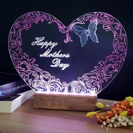 Veraart El Yapımı Boyama Kalpli Happy Mother's Day Işıklı Pleksi Kişiye Özel Gece Lambası Anneler Günü Hediyesi 1. Desen