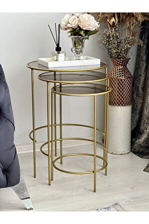 Mars 3'lü Yuvarlak Metal Zigon Yan Sehpa Gold-bronz