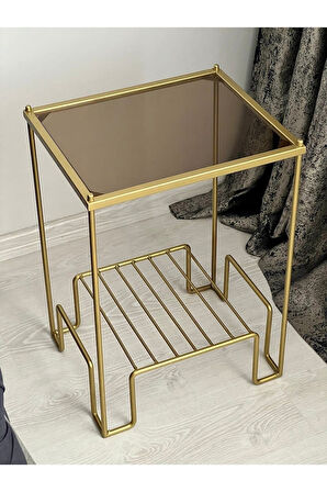 Lotus Metal Camlı Yan Sehpa Gold-bronz