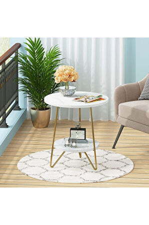 Malibu Gold Metal Ahsap Raflı Yan Sehpa