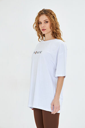 Kadın Vogue  Baskılı %100 Pamuk Oversize Kadın Tişört