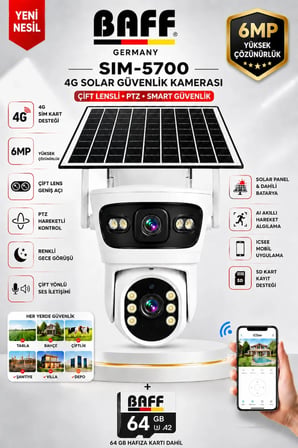 SIM-5700 6MP 4G SIM Kartlı Solar Güvenlik Kamerası Çift Lens PTZ Renkli Gece Görüşlü Dış Mekan + 64GB Hafıza Kartı Dahil