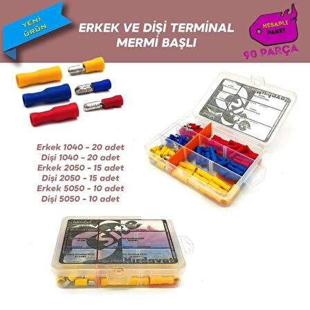 Erkek ve Dişi Mermi Başlı Ek Terminal Seti, Hesaplı Paket 90 Parça