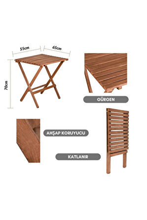 Reyo Ceviz Gürgen Katlanır 3'lü Bistro Set Balkon Bahçe Masa Sandalye Seti (MİNDERSİZ) 1.Kalite