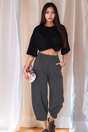 Kadın Pamuklu Bel Lastikli Dikiş Detaylı Füme Gabardin Kumaş Pantolon