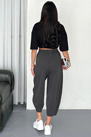 Kadın Pamuklu Bel Lastikli Dikiş Detaylı Füme Gabardin Kumaş Pantolon