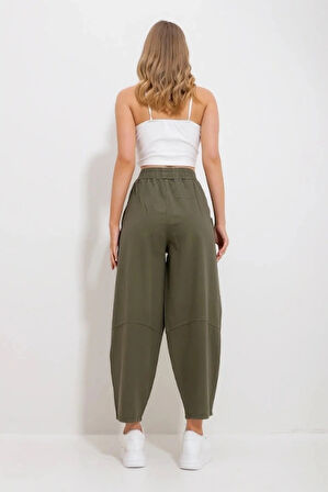 Kadın Haki Gabardin Şalvar Pantolon – Lastikli Bel, Cepli, Rahat Kesim