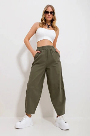 Kadın Haki Gabardin Şalvar Pantolon – Lastikli Bel, Cepli, Rahat Kesim