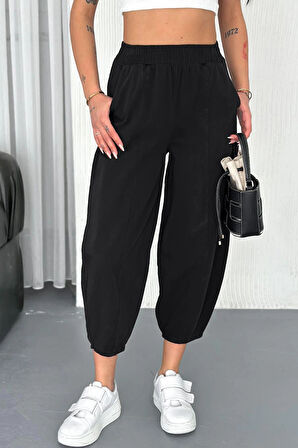 Kadın Pamuklu Bel Lastikli Dikiş Detaylı Siyah Gabardin Kumaş Pantolon