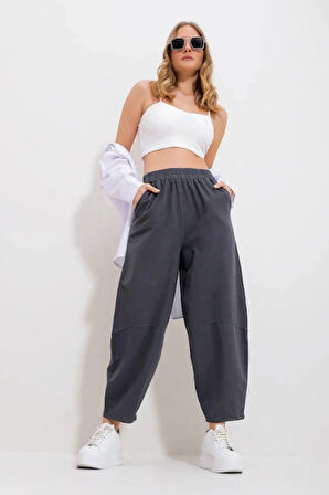 Kadın Füme Gabardin Şalvar Pantolon – Lastikli Bel, Cepli, Rahat Kesim