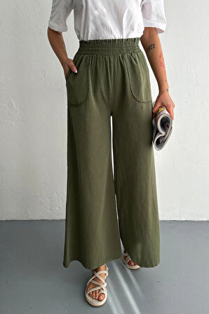 Kadın Bel Lastikli Cepli Bol Paça KotonHaki Pantolon