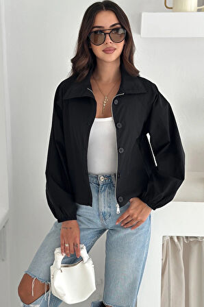 Stoperli Düğmeli Siyah Ceket